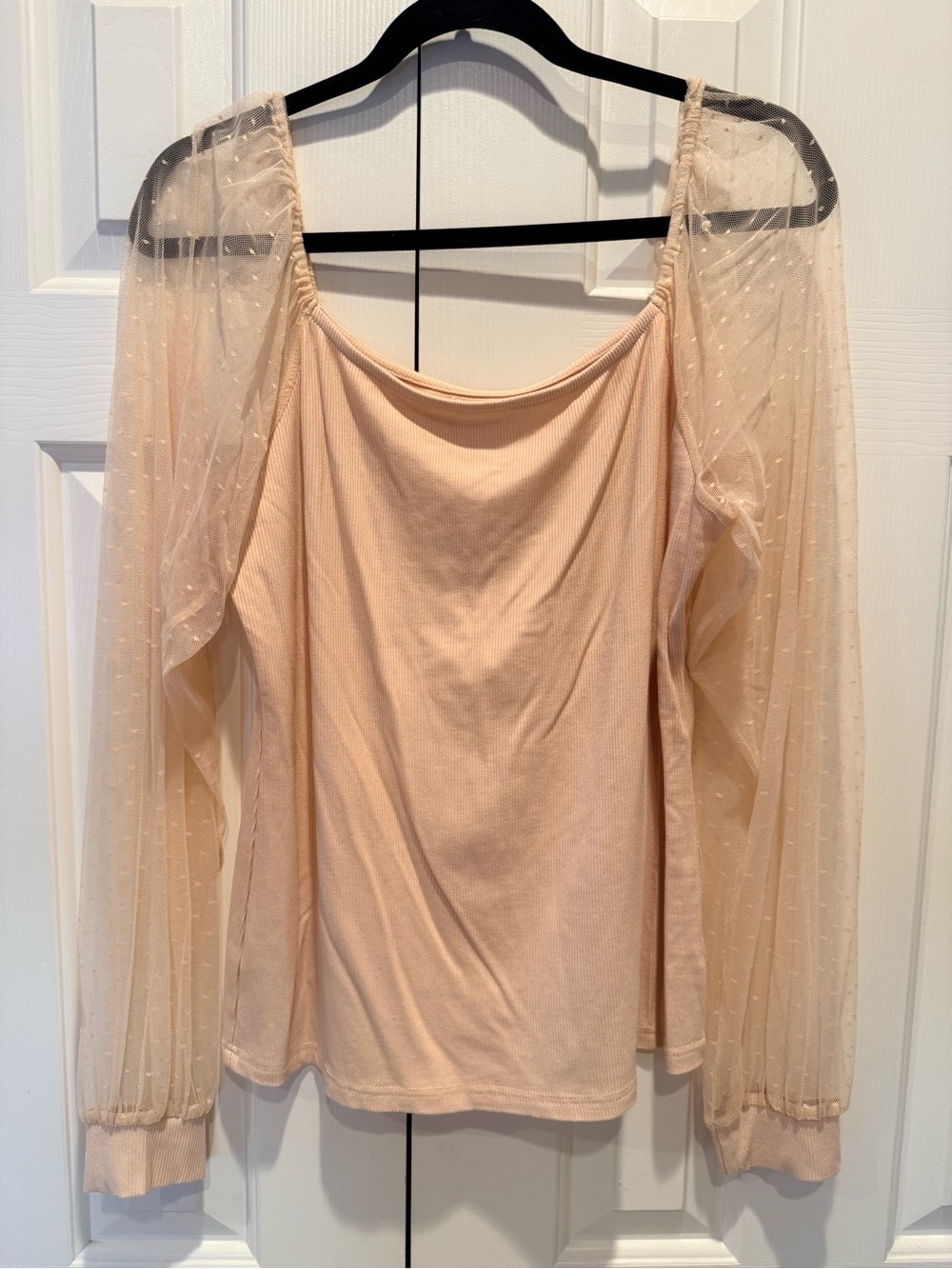 Dorose Ribbed Crewneck Top in Peach Cream Pink Sheer Sleeves - Picture 1 of 6